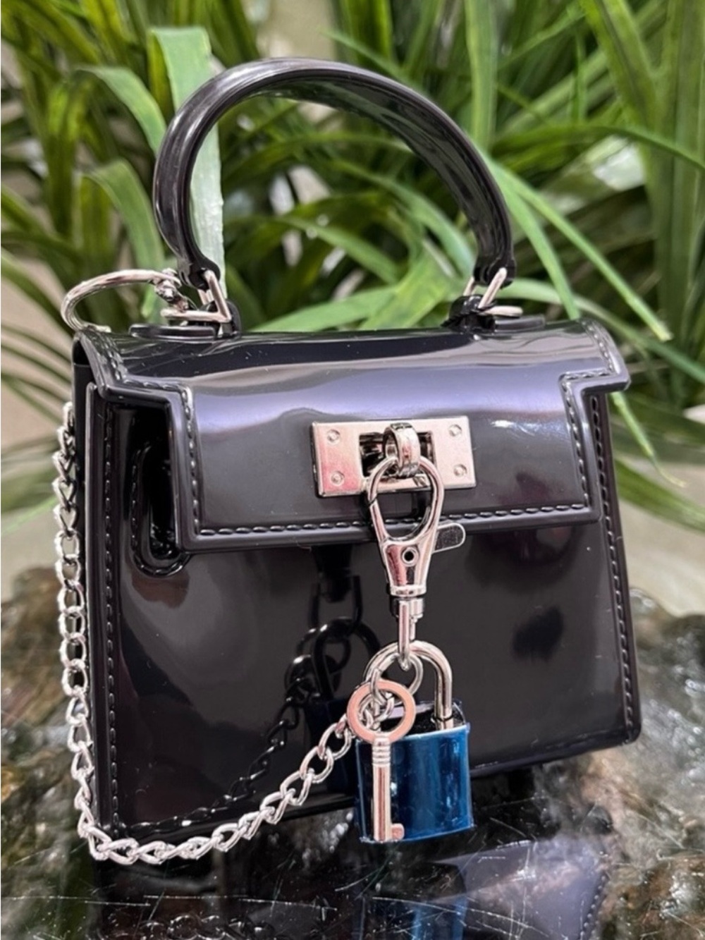 KENDALL & KYLIE Black Vegan Leather Top-Handle Turn Lock Mini Bag